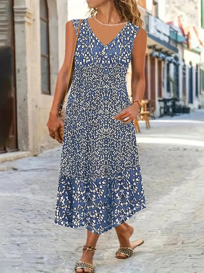Damen Maxikleid – Lockerer Schnitt – V-Ausschnitt – Ärmellos – Blumenmuster – Leichtes Material