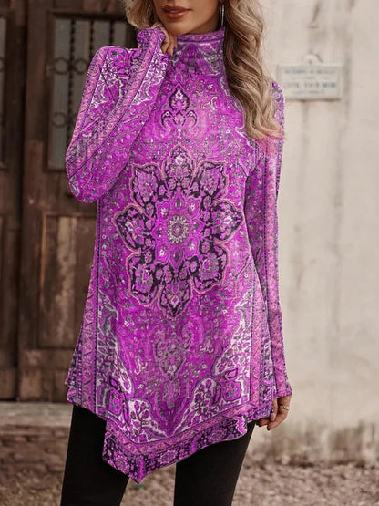 Damen Bluse – Lockerer Schnitt – Stehkragen – Langarm – Atmungsaktiv – Asymmetrischer Saum