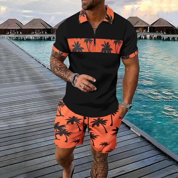 Herren Freizeitanzug – Tropical Muster – Zip-Poloshirt – Shorts mit Kordelzug