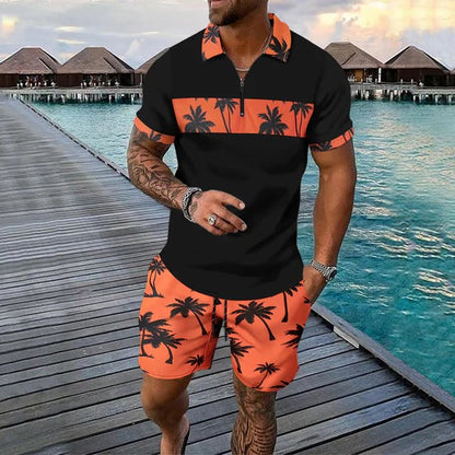 Herren Freizeitanzug – Tropical Muster – Zip-Poloshirt – Shorts mit Kordelzug