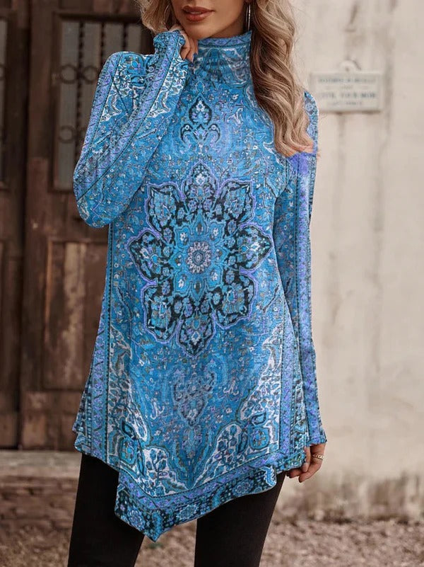 Damen Bluse – Lockerer Schnitt – Stehkragen – Langarm – Atmungsaktiv – Asymmetrischer Saum