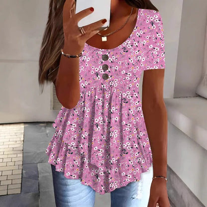 Damen Bluse – Lockerer Schnitt – Rüschensaum – Knopfleiste – Atmungsaktiv – Blumenmuster