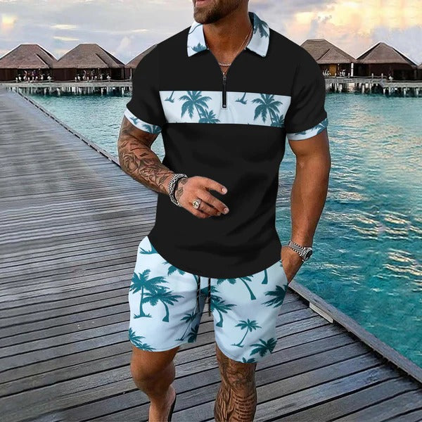 Herren Freizeitanzug – Tropical Muster – Zip-Poloshirt – Shorts mit Kordelzug