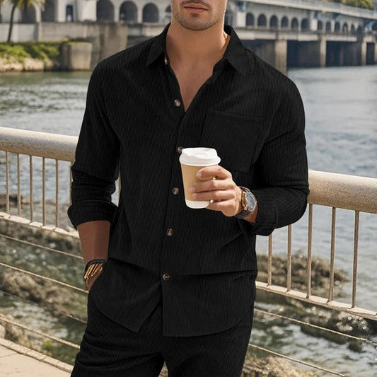 Herren Langarmhemd – Slim Fit – Baumwollgefühl – Gestreift – Knopfleiste
