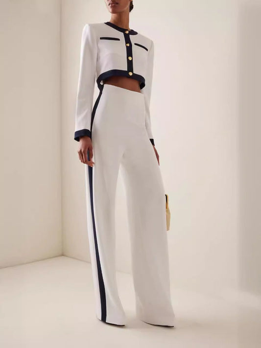 Damen Hosenanzug Set – Cropped Blazer – High Waist Wide Leg – Kontrastdetails – Eleganter Schnitt