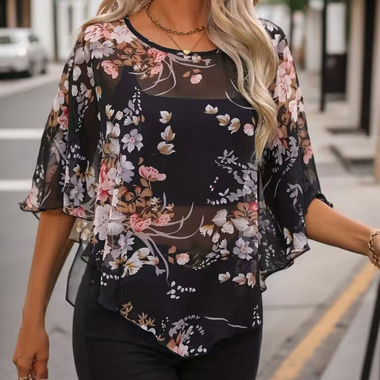 Damen Bluse – Luftiger Chiffon – Lockere Passform – Florales Muster – Asymmetrischer Schnitt