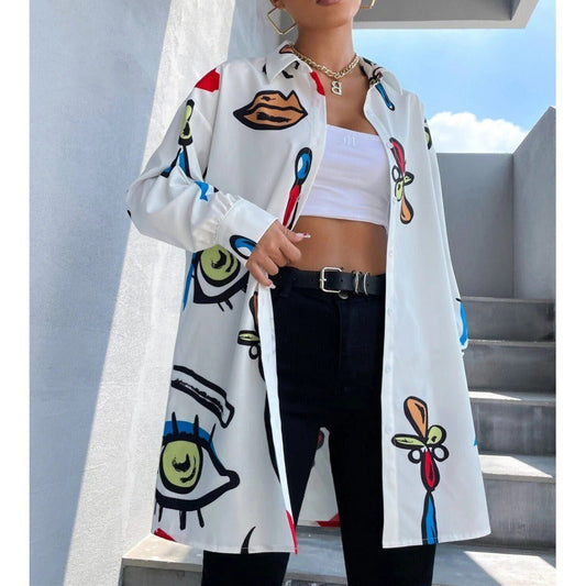 Damen Bluse – Lockerer Schnitt – Lange Ärmel – Baumwollstil – Grafikmuster