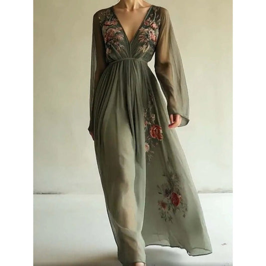 Damen Maxikleid – Fließender Schnitt – Tiefer V-Ausschnitt – Transparente Ärmel – Blumenmuster