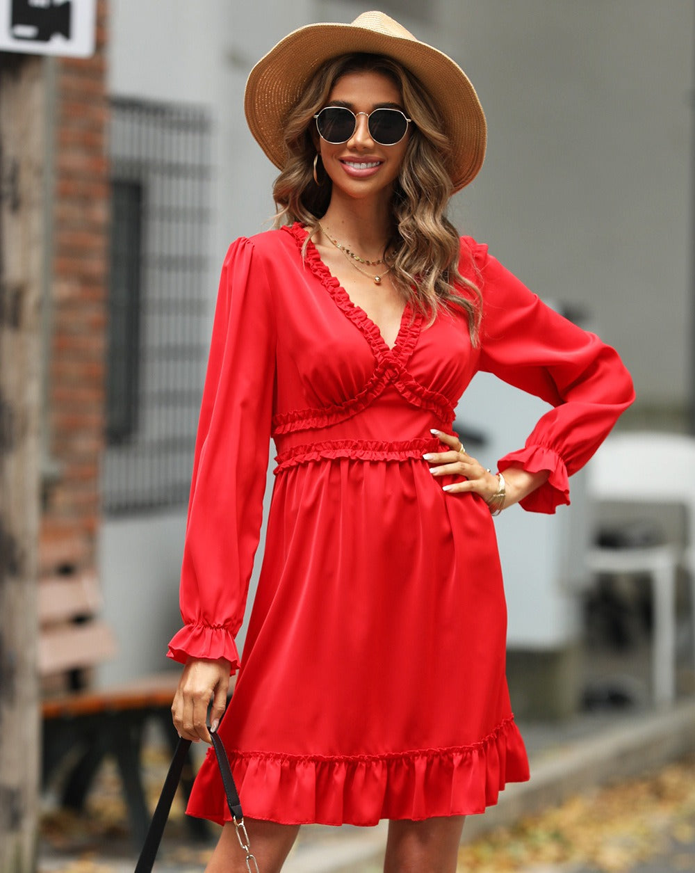 Damen A-Linienkleid – Rüschen V-Ausschnitt – Hohe Taille – Langarm Midi-Länge