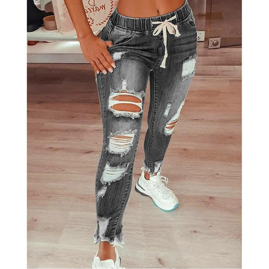 Damen Jeanshose – Slim Fit – Ripped Look – Elastischer Bund mit Kordelzug