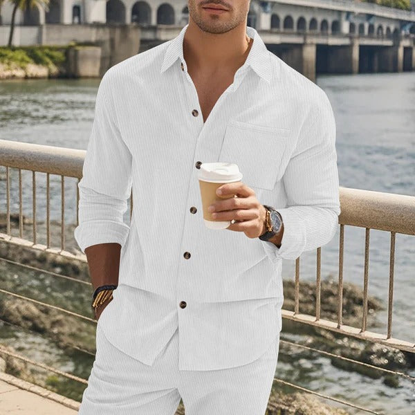 Herren Langarmhemd – Slim Fit – Baumwollgefühl – Gestreift – Knopfleiste
