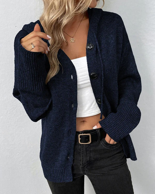Damen Strickcardigan – Relaxed Fit – Kapuze – Knopfverschluss – Gerippte Bündchen