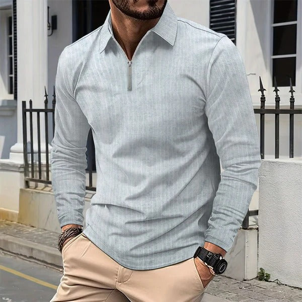 Herren Langarmhemd – Slim Fit – Stehkragen – Reißverschluss – Atmungsaktiv Baumwolle