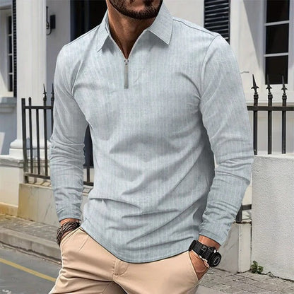 Herren Langarmhemd – Slim Fit – Stehkragen – Reißverschluss – Atmungsaktiv Baumwolle