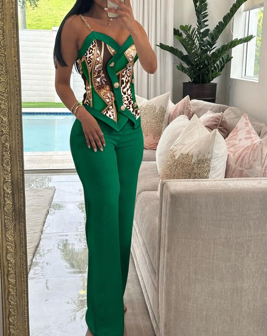 Damen Anzug mit Hosenträger – Taillierter Schnitt – Animal-Print – Langhose