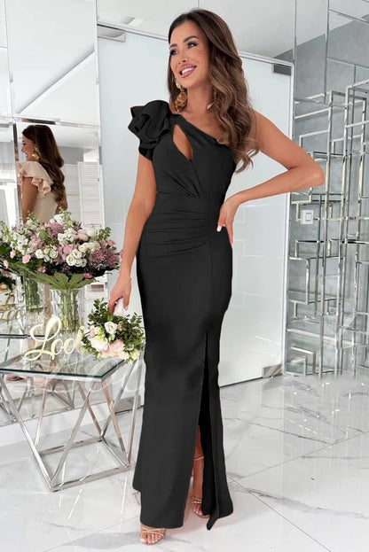 Damen Abendkleid – Slim Fit – Satinoptik – Asymmetrischer Ausschnitt – Schultervolant