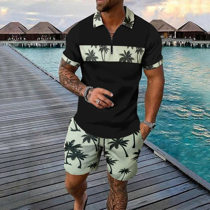 Herren Freizeitanzug – Tropical Muster – Zip-Poloshirt – Shorts mit Kordelzug