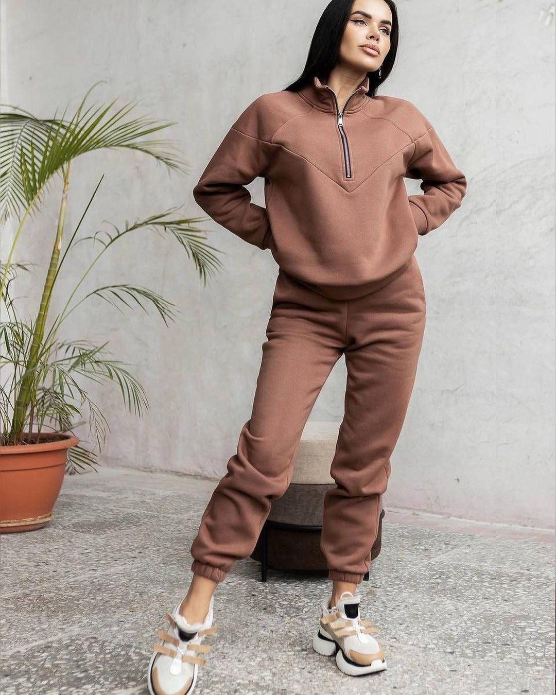Damen Loungewear Set – Fleecepullover mit Halbreißverschluss – Jogginghose – Lockerer Schnitt