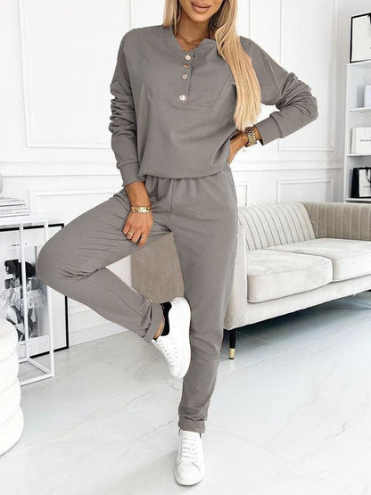 Damen Sportanzug Set – Lockerer Schnitt – Baumwollmix – Langarm mit Knopfleiste – Lang