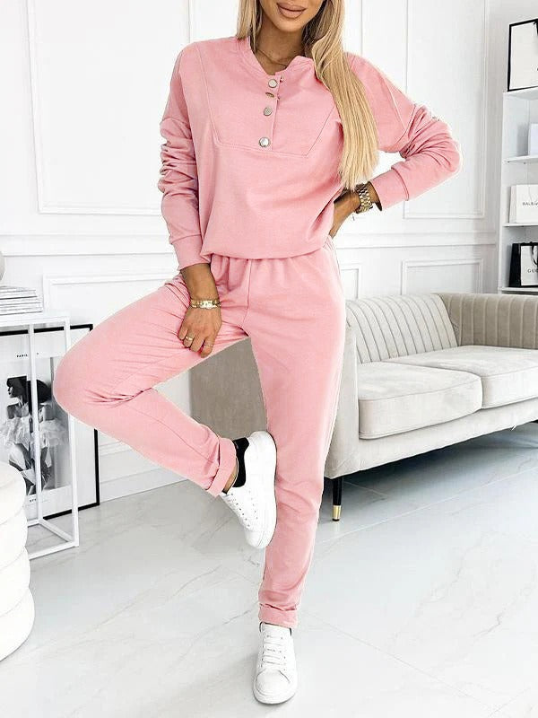 Damen Sportanzug Set – Lockerer Schnitt – Baumwollmix – Langarm mit Knopfleiste – Lang