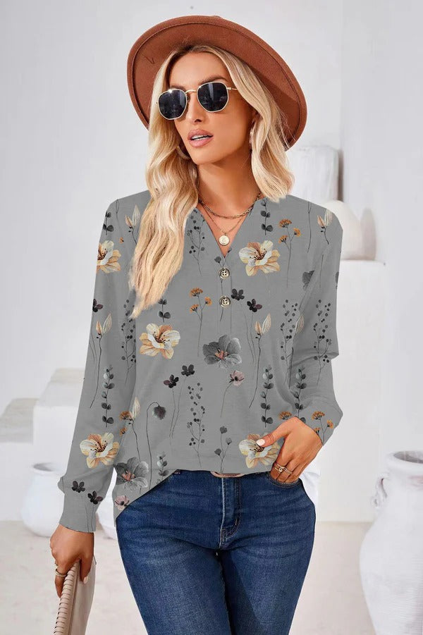 Damen Bluse – Lockerer Schnitt – Florales Muster – Knopfleiste – Atmungsaktives Material