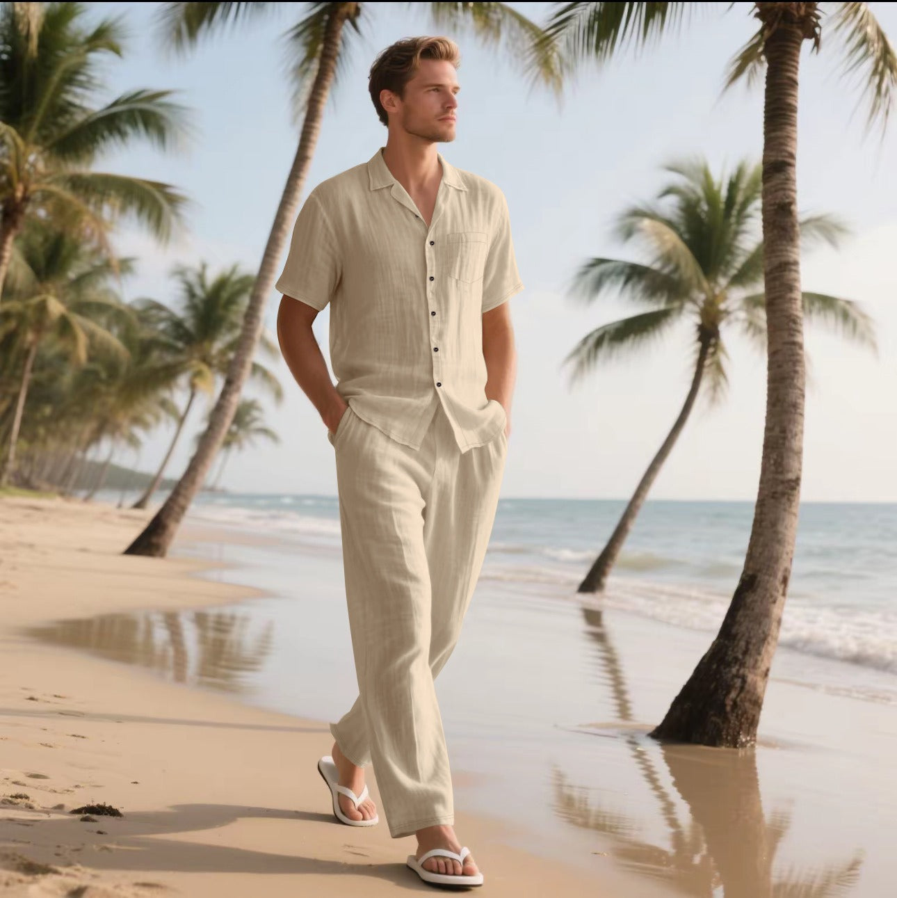 Herren Set aus Hemd und Hose – Linnen – Weite Passform – Kurzarm – Elastischer Bund