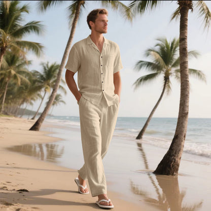 Herren Set aus Hemd und Hose – Linnen – Weite Passform – Kurzarm – Elastischer Bund