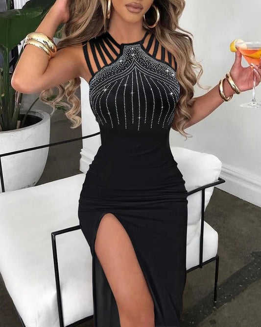 Damen Maxikleid – Figurbetont – Strappy Träger – Glitzerndes Oberteil – Hoher Schlitz
