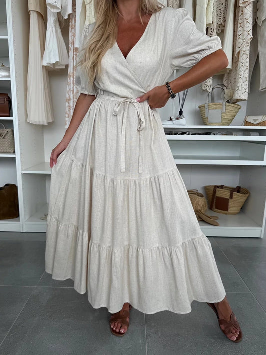 Damen Maxikleid – V-Ausschnitt Wickelstil – A-Linienform – Puffärmel – Taillengürtel