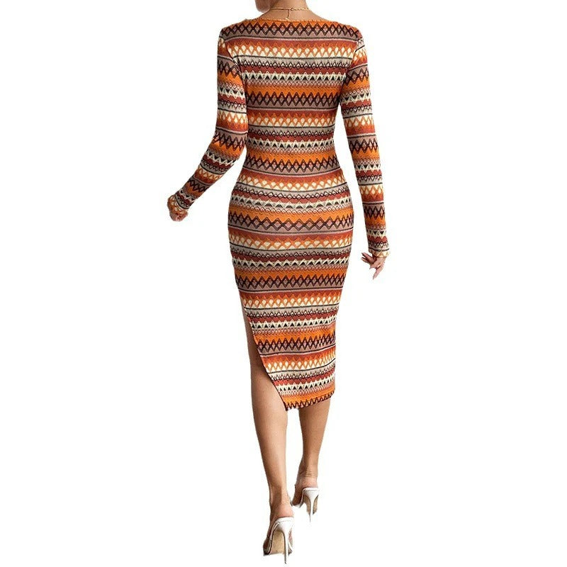 Damen Midikleid – Slim Fit – Scoop-Ausschnitt – Langarm – Geometrisches Muster – Asymmetrischer Schlitz