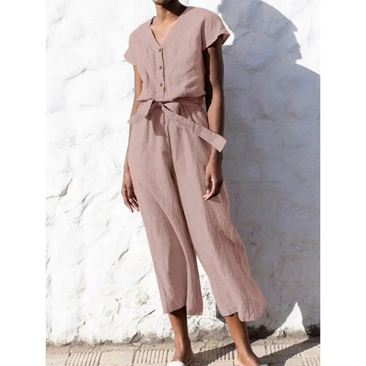 Damen Jumpsuit – Baumwollmix – V-Ausschnitt – Kurzarm – Bindegürtel – Culotte-Länge