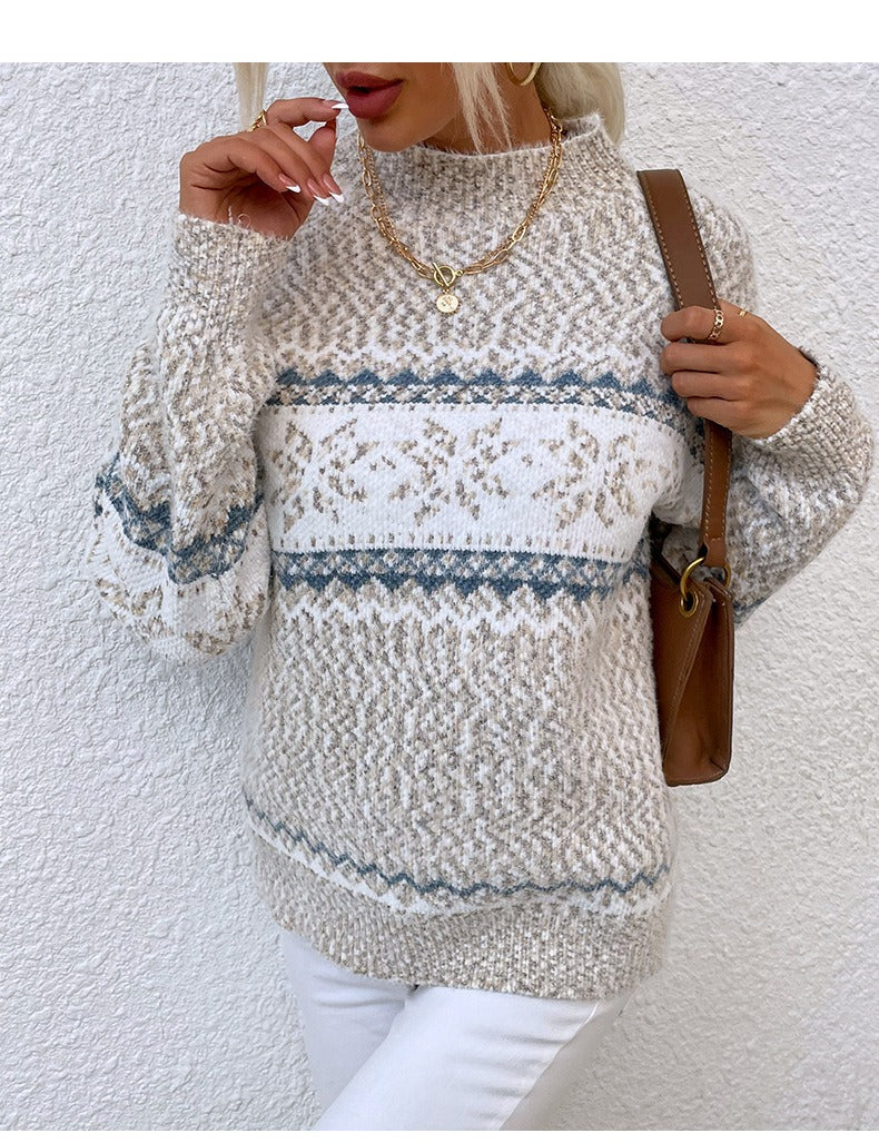 Damen Pullover – Wollstrick – Lockerer Schnitt – Schneeflockenmuster – Stehkragen