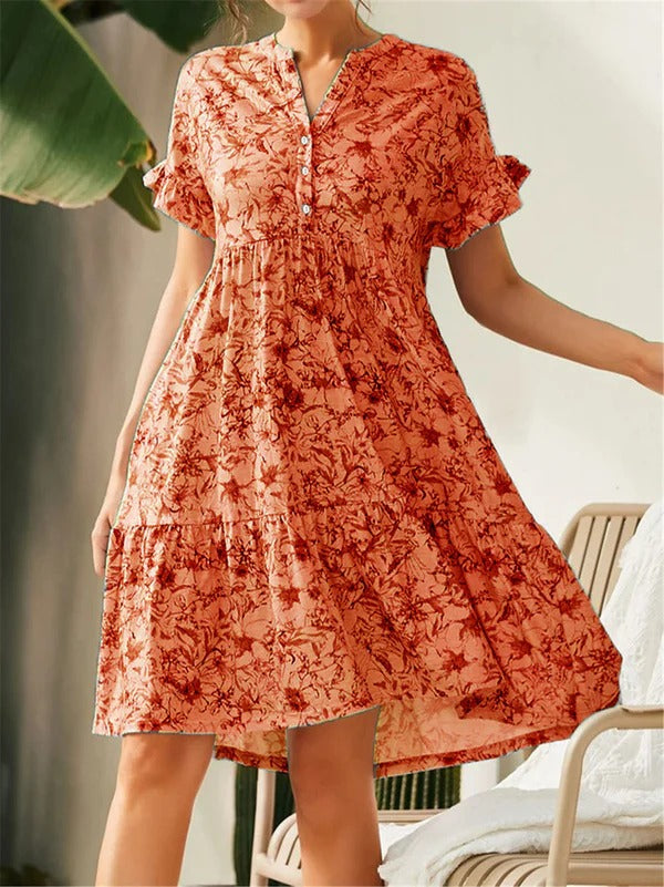Damen A-Linienkleid – V-Ausschnitt – Blumenmuster – Rüschenärmel – Stufensaum
