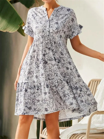 Damen A-Linienkleid – V-Ausschnitt – Blumenmuster – Rüschenärmel – Stufensaum