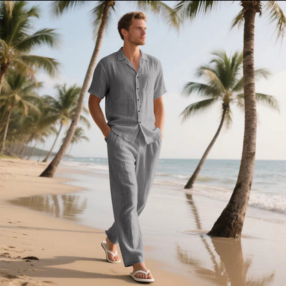 Herren Set aus Hemd und Hose – Linnen – Weite Passform – Kurzarm – Elastischer Bund