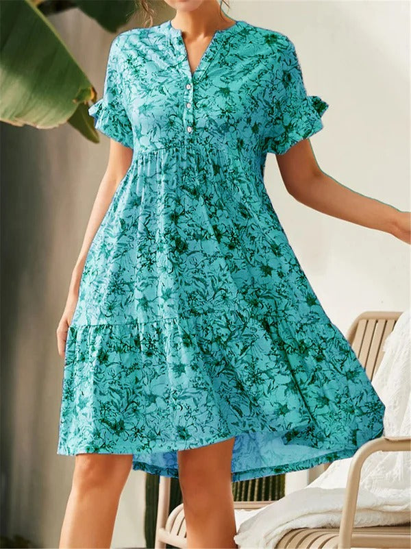 Damen A-Linienkleid – V-Ausschnitt – Blumenmuster – Rüschenärmel – Stufensaum