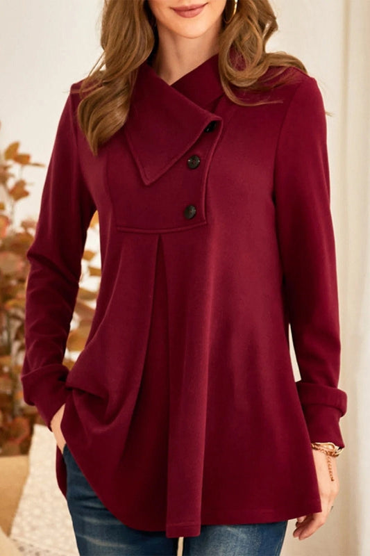 Damen A-Linien Mantel – Luxusstoff – Asymmetrischer Kragen – Faltenfront