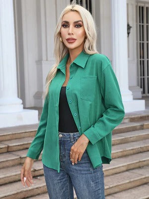 Damen Bluse – Lockerer Schnitt – Atmungsaktiv – Knopfleiste – Langarm mit Kragen