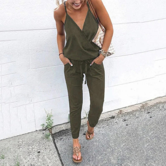 Women’s Jumpsuit – Adjustable Straps – V-Neck – Tapered Leg – Breathable Blend