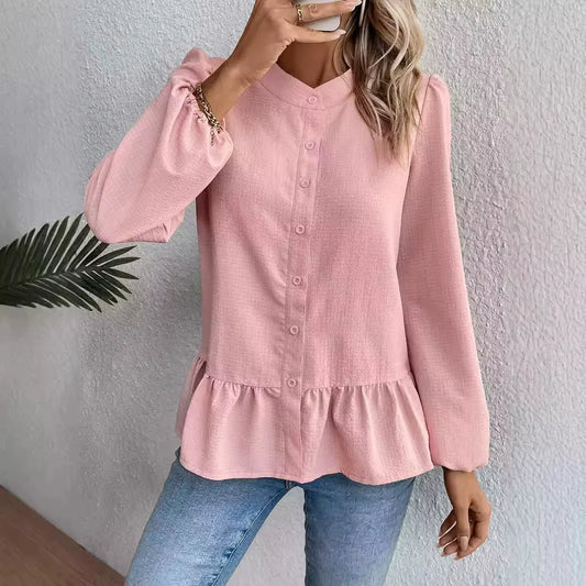 Damen Bluse – Baumwollmix – Lockerer Schnitt – Knopfleiste – Schößchensaum – Langarm