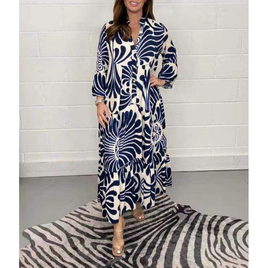 Damen Midikleid – Lockerer Schnitt – V-Ausschnitt – Falten – Bedruckt – 3/4-Arm
