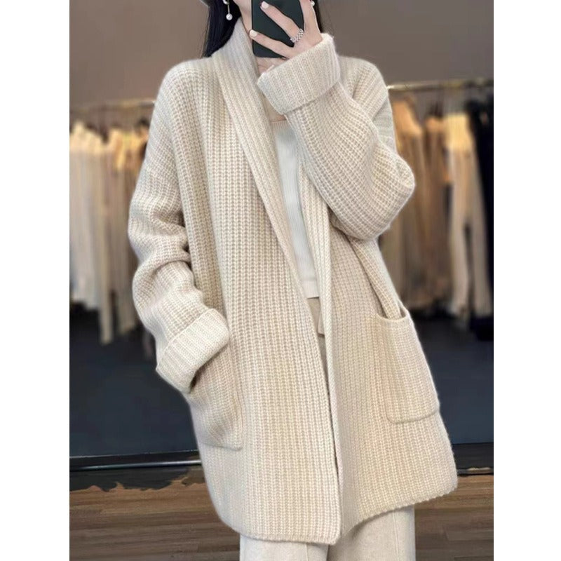 Damen Cardigan – Oversized Passform – Grobstrick – Schalkragen – Lang geschnitten