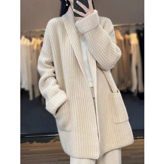 Damen Cardigan – Oversized Passform – Grobstrick – Schalkragen – Lang geschnitten