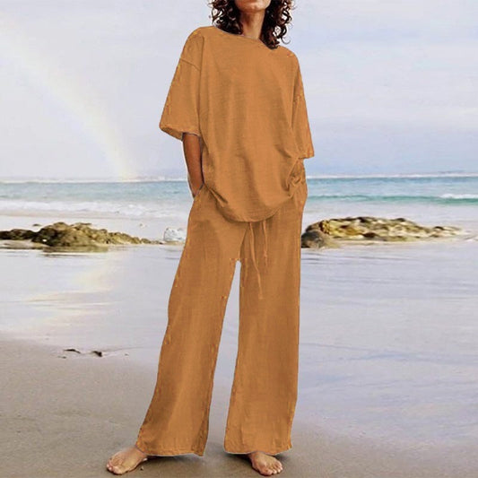 Damen Zweiteiler Set – Lockeres O-Neck Top – Weite Hose mit Taschen