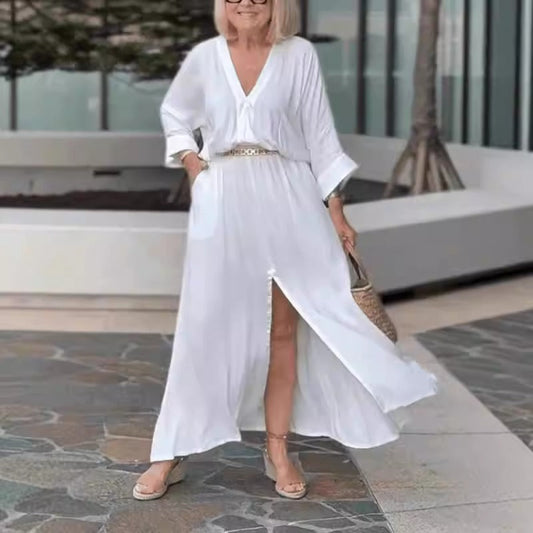 Damen Maxikleid – V-Ausschnitt – Langarm – Gürtel – Schlitz – Lockerer Sitz