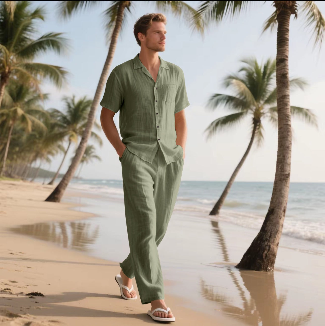 Herren Set aus Hemd und Hose – Linnen – Weite Passform – Kurzarm – Elastischer Bund