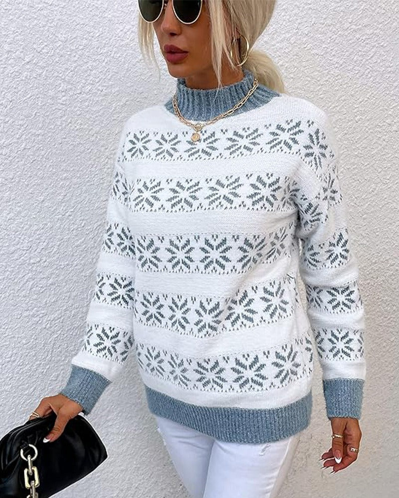 Damen Strickpullover – Wollmix – Lockerer Schnitt – Halber Rollkragen – Schneeflockenmuster