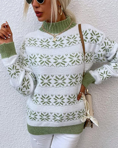 Damen Strickpullover – Wollmix – Lockerer Schnitt – Halber Rollkragen – Schneeflockenmuster