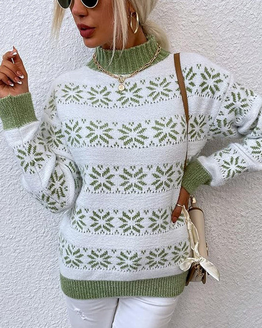 Damen Strickpullover – Wollmix – Lockerer Schnitt – Halber Rollkragen – Schneeflockenmuster