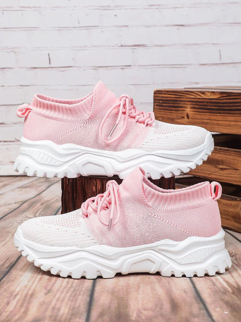 Damen Sneakers – Atmungsaktives Strickmaterial – Hoher Schaft – Rutschfeste Chunky-Sohle